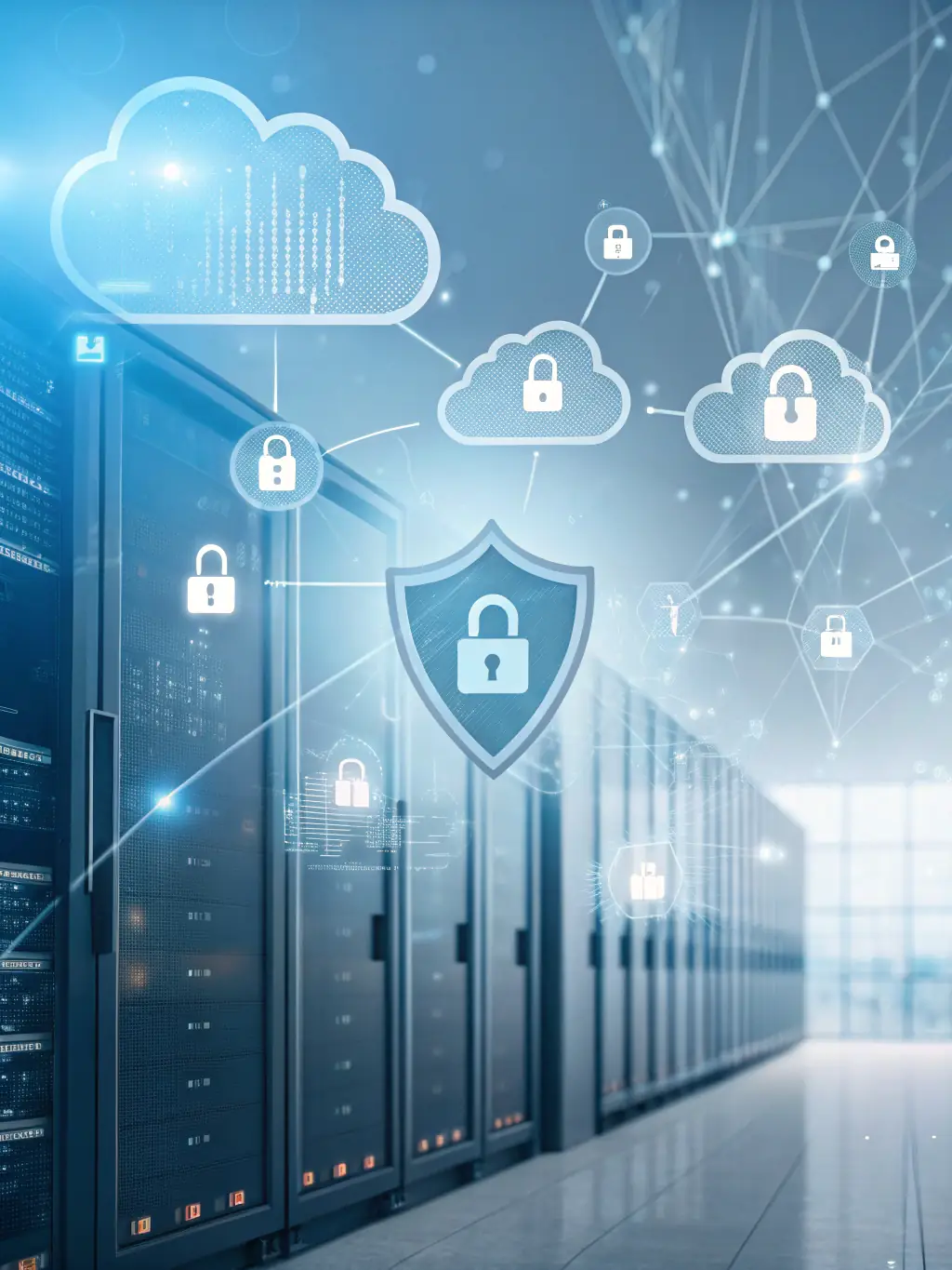 An image depicting a secure cloud environment with multiple layers of protection, highlighting data encryption and access control.