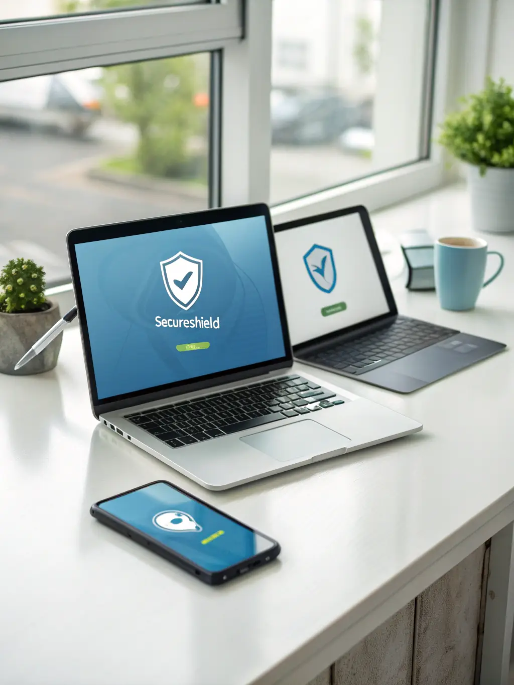 An illustration of a secure endpoint device (laptop or smartphone) with multiple security layers, emphasizing protection against malware and unauthorized access.