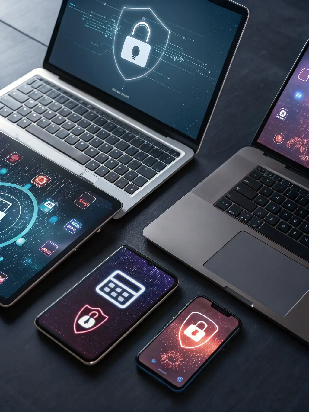 Illustration of interconnected devices with a shield overlay, symbolizing integrated cybersecurity and IT management.