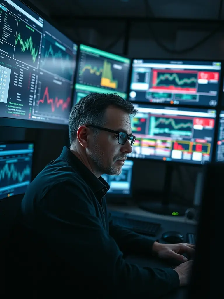 A professional photograph of a cybersecurity expert analyzing network traffic on multiple monitors in a modern office setting, emphasizing the complexity and vigilance involved in threat detection.