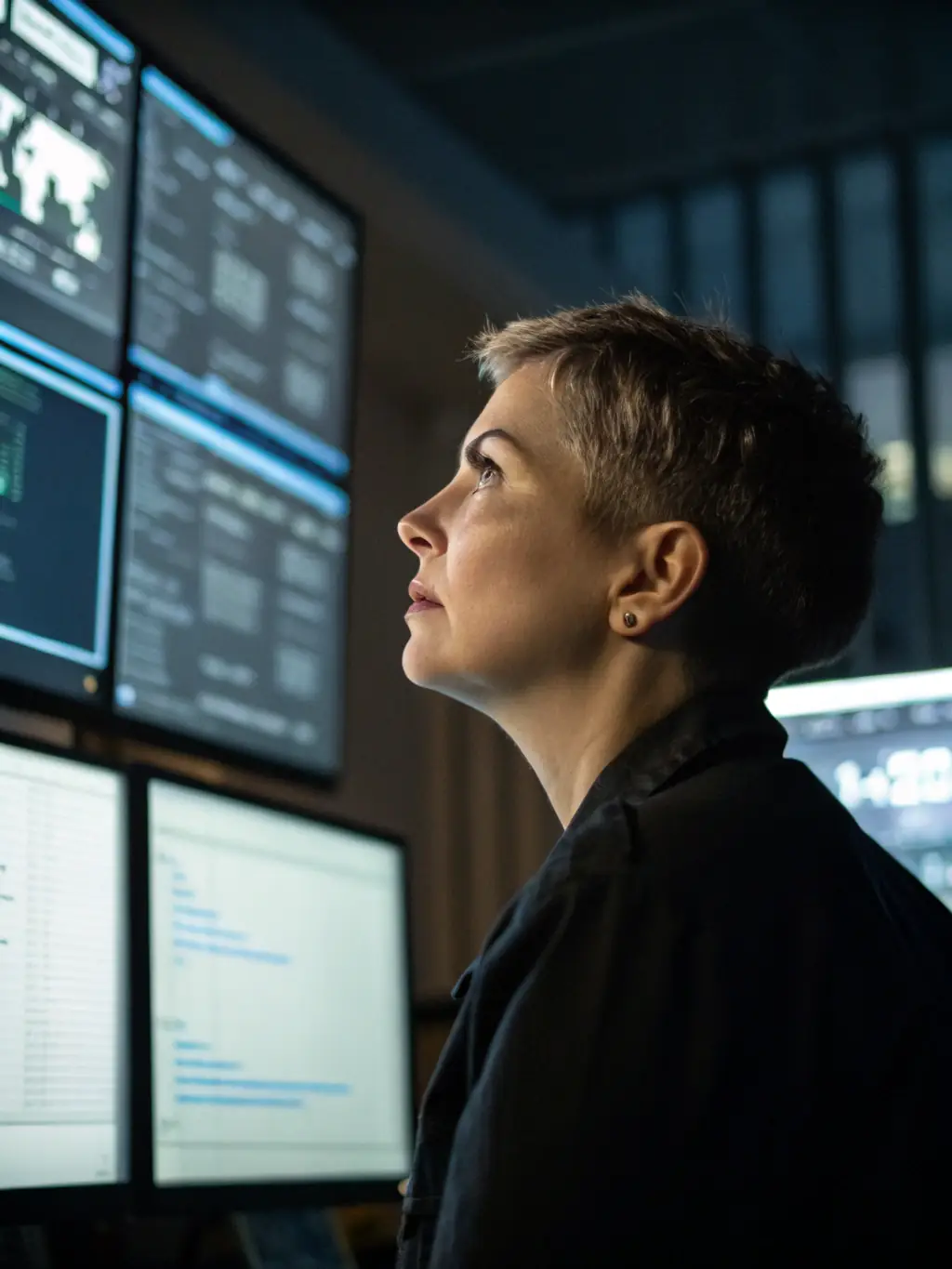 Image of a vigilant security expert monitoring a network dashboard, representing proactive threat detection and response.